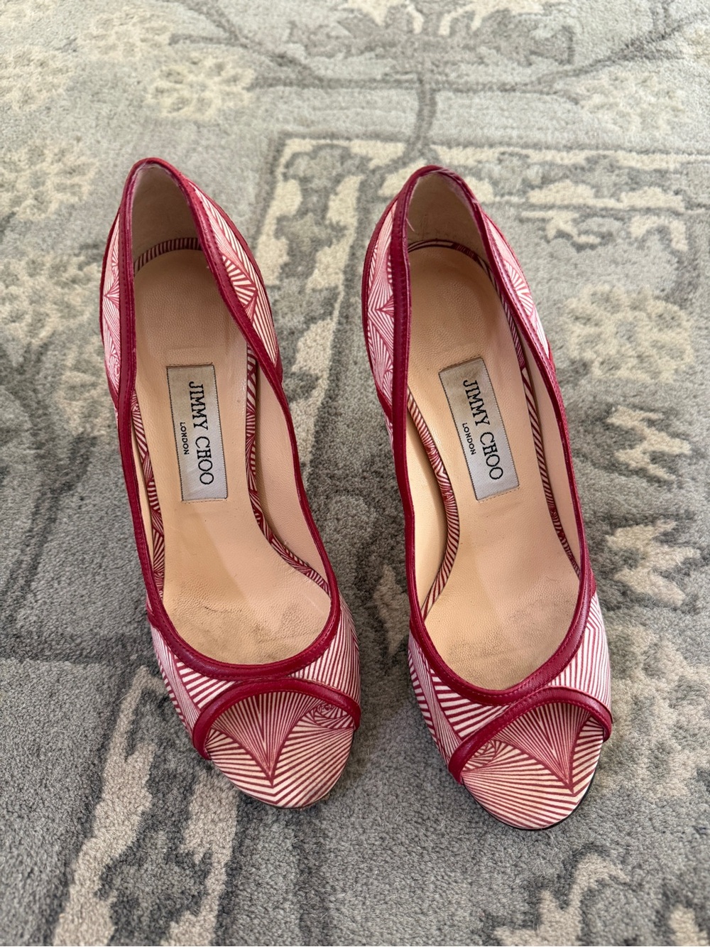 Jimmy Choo Red and White Patterned Peep-Toe Pumps 37